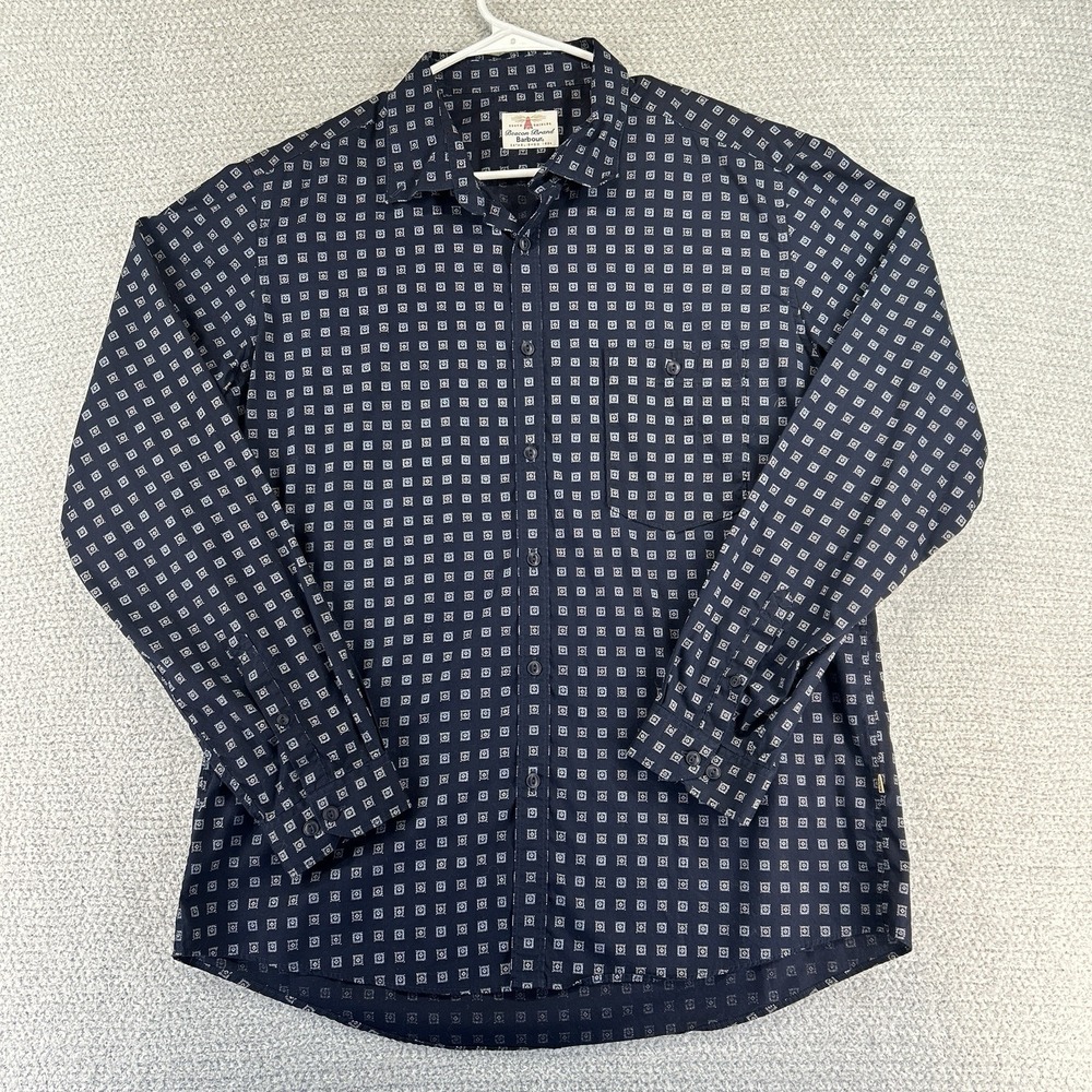 Barbour Beacon Brand Shirt Mens Large Navy Blue Geometric Button Up Long Sleeve